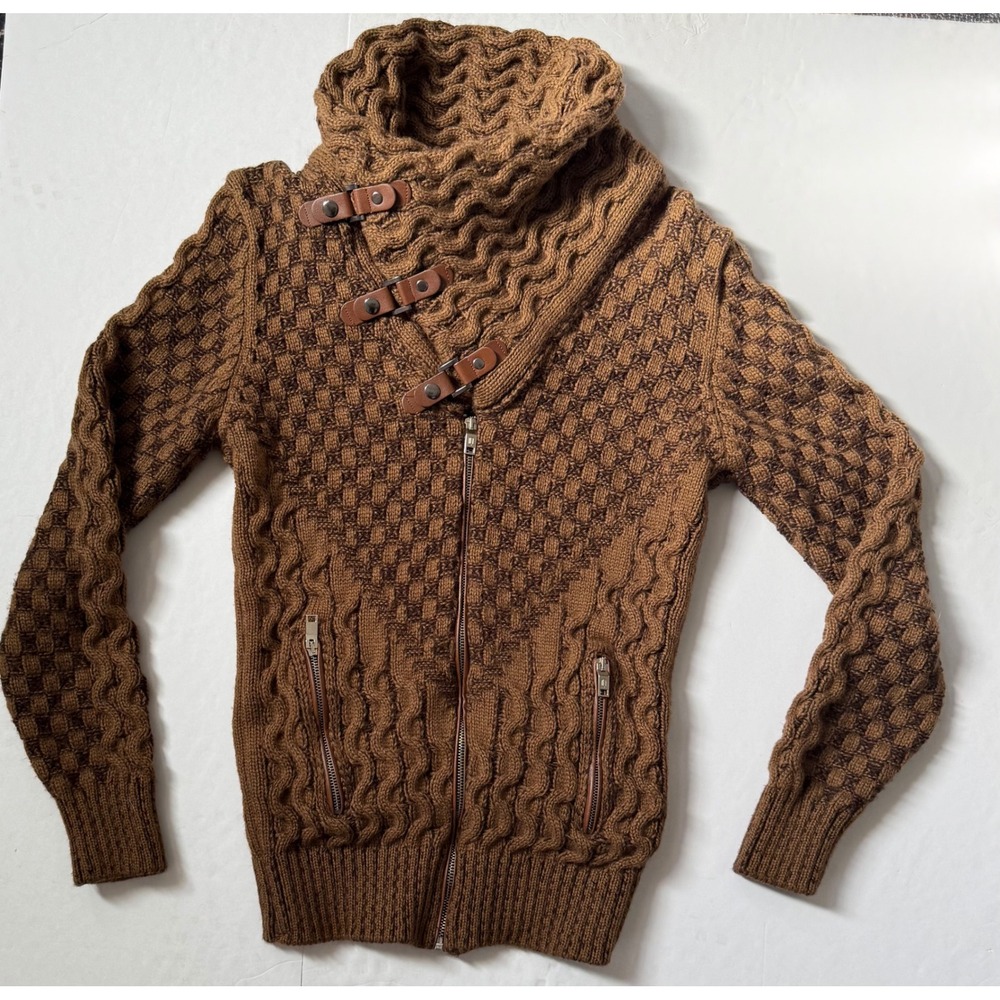 Leif Nelson Mens Brown Cable Knit Full Zip Buckle High Neck Cardigan Sweater M